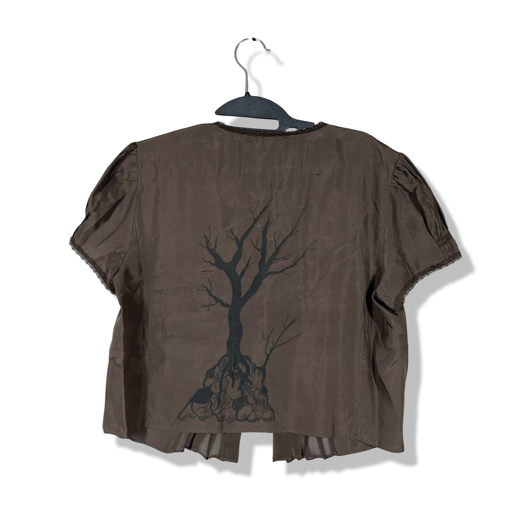 Y2K Old Navy Silk Blouse Womens M Brown Whimsigoth Fairycore Tree Graphic Y2K